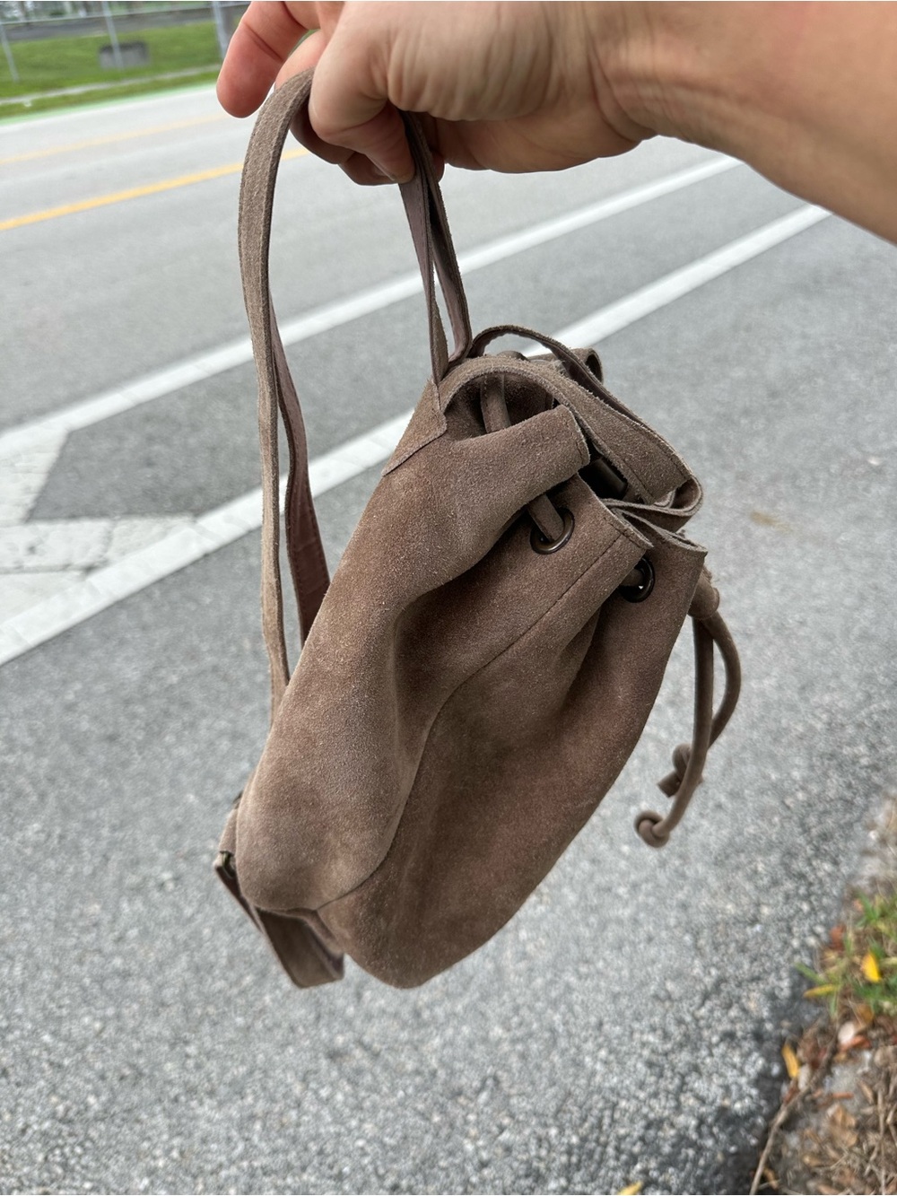 Suede Drawstring Mini Bag in Taupe